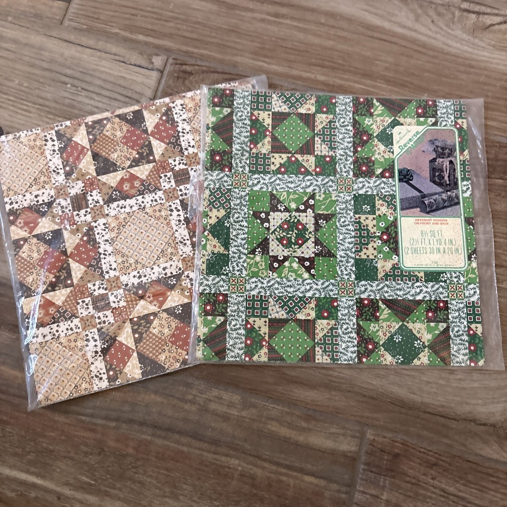 Vintage Hallmark 1980s Gift Wrap Paper Quilt Squares Brown Green Reversible 2ct